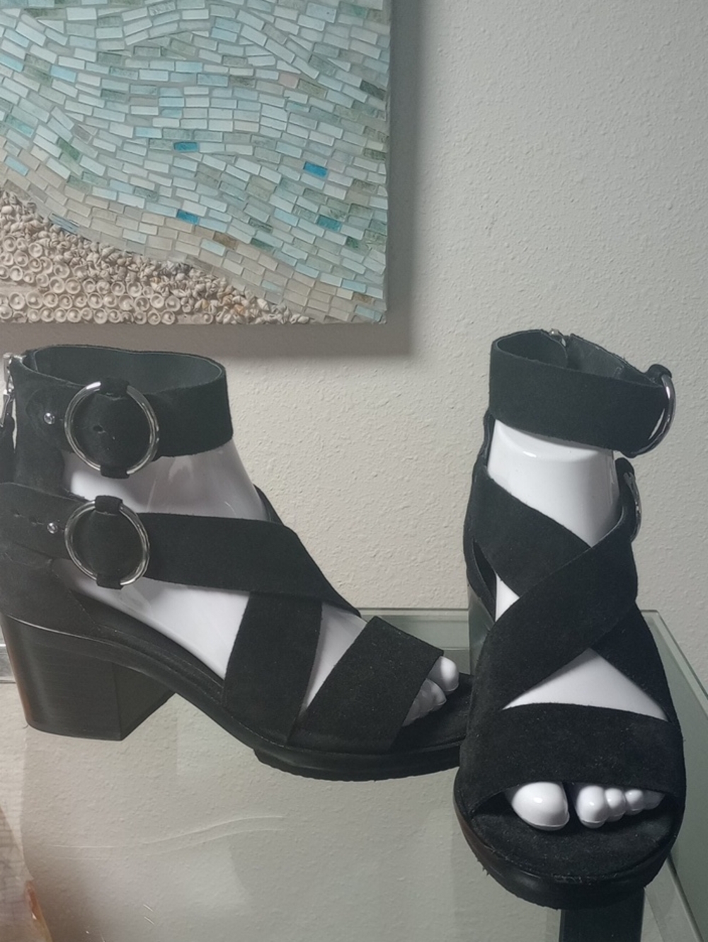 rag & bone Black Suede Crisscross Buckle Block Heel Sandals New Without Tag